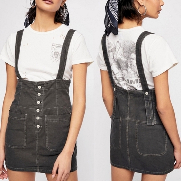 🌺 Free People Black Denim High Waist Jumper Skirt, Size 6 - Picture 1 of 10